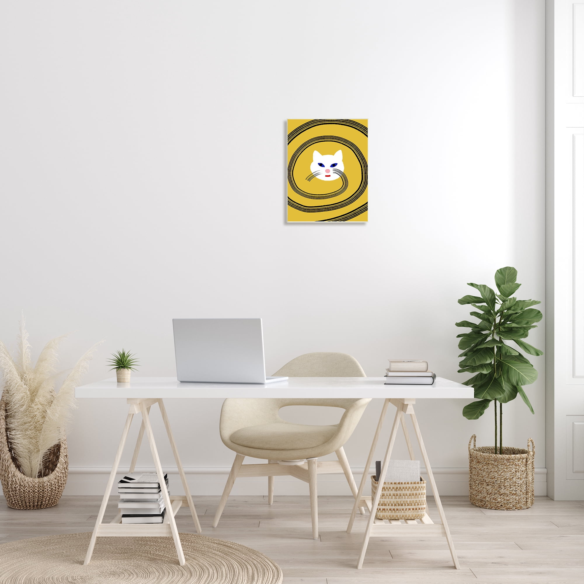 Stupell Industries Cat Whiskers Meow Abstract Modern Spiral over Yellow Animals & Insects Painting Unframed Art Print Wall Art, 13 x 19