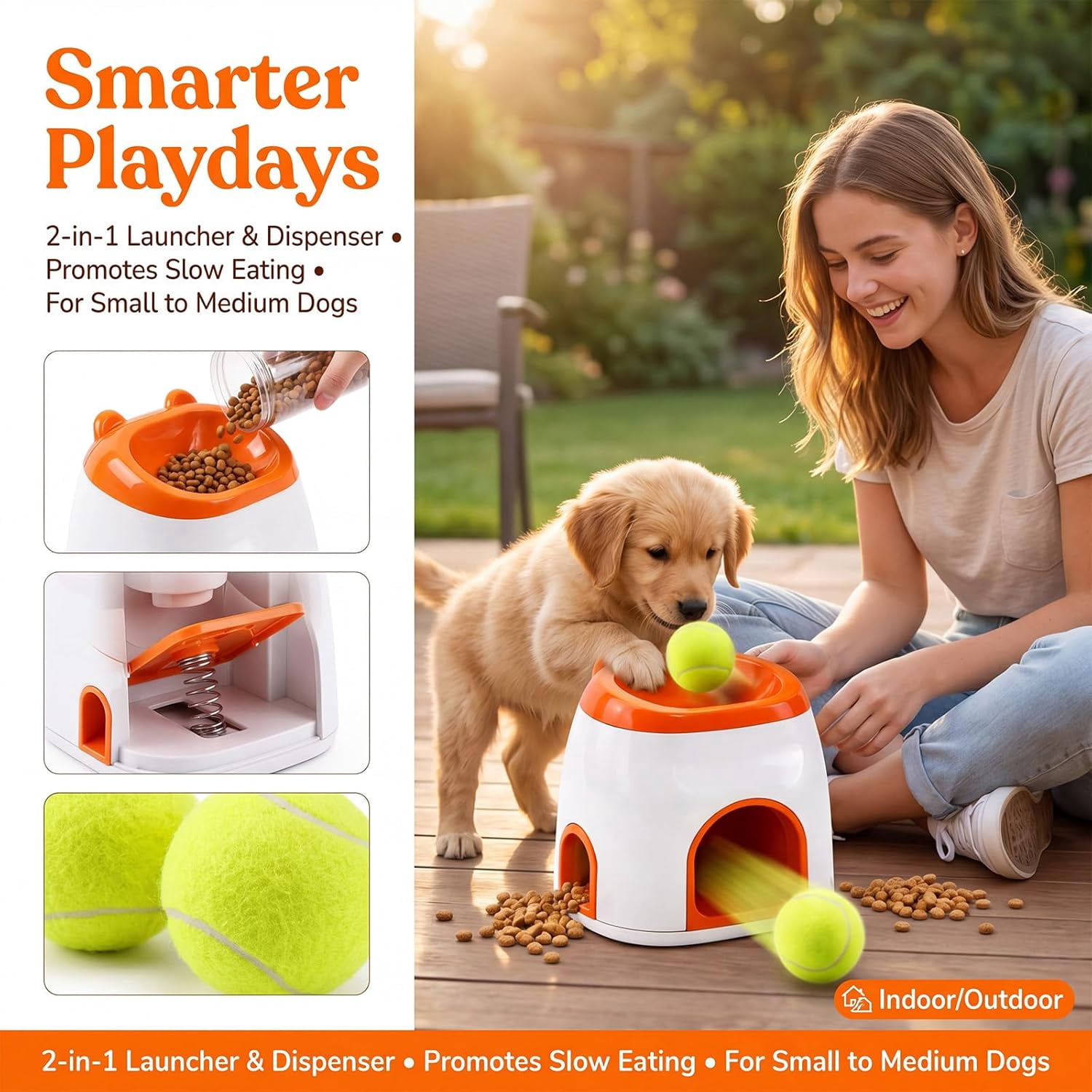 2-in-1 Dog Tennis Ball Launcher & Treat Dispenser, Automatic Ball Thrower for Small Medium Dogs, Interactive Pet Feeder Toy, No Batteries Needed