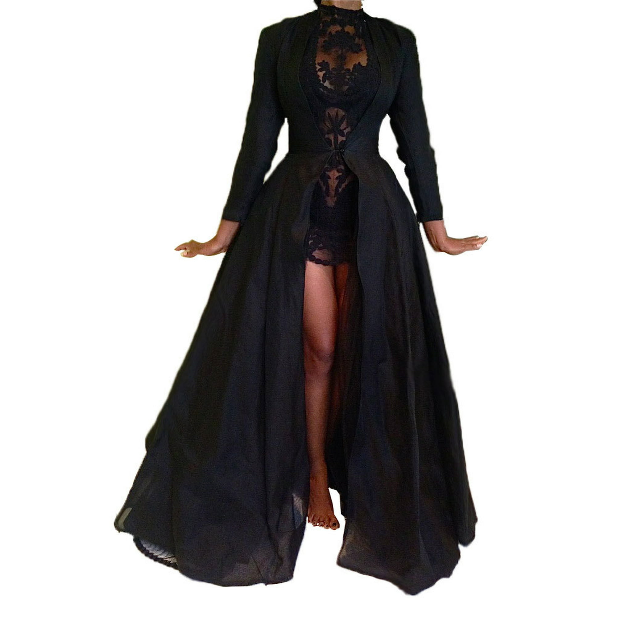Women s Sexy 2Pcs Gothic Lace Sheer Jacket Long Dress Gown Party Halloween Costume Outfit L