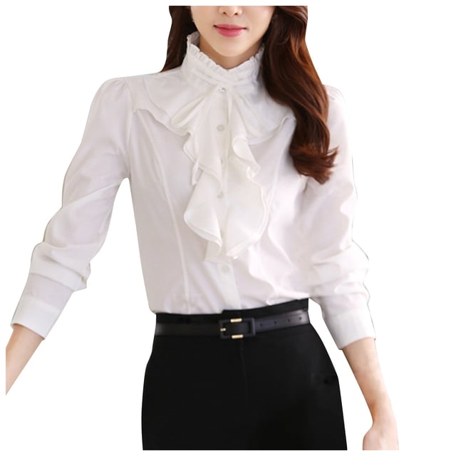 Nueva camisa coreana de primavera con cuello alto y gasa - Blusa de manga larga y corte ajustado - Poliéster, cuello en V, botones funcionales