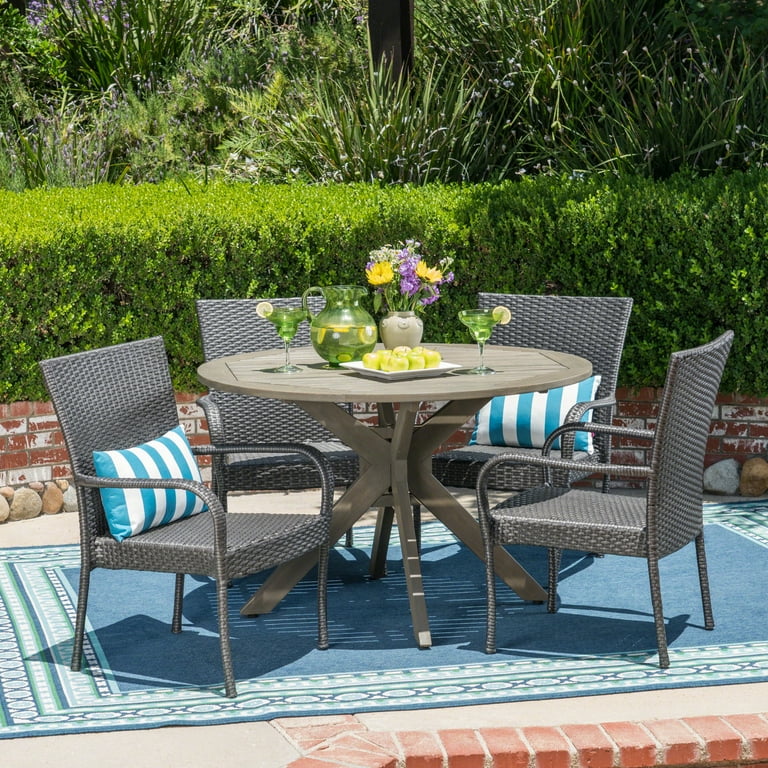 GDF Studio Sloane Outdoor Wicker and Acacia Wood 5 Piece Dining