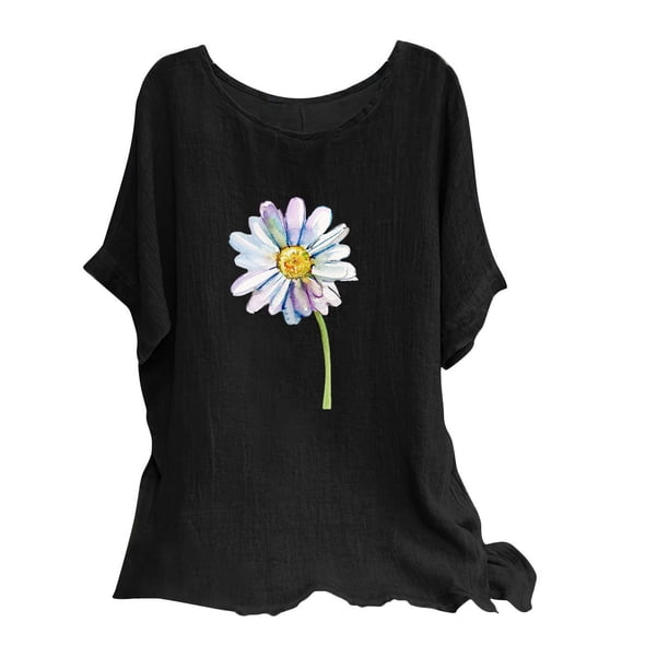 Camisetas de Manga Corta para las Mujeres Mezcla de Lino de Ajuste Suelto Top de Camiseta Casual, Blusas para las Mujeres Casual