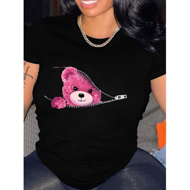 Women'S White T-Shirt with Pink Teddy Bear & Film Strip Print - Casual Crew Neck, Short Sleeve, Spring/Summer Top, Casual Wear | Playful Print Top | Comfortable Fit, Teddy Bear Shirt