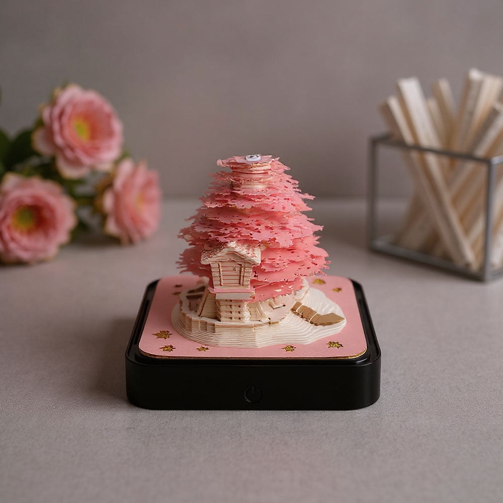 3D Desk Calendar 2026 with LED Lights, 3D Art Calendar Memo Pad 2026, Tear-Away 3D Paper Art Notepad, Romantic Tree House Desktop for Christmas New Year Gifts (Pink)