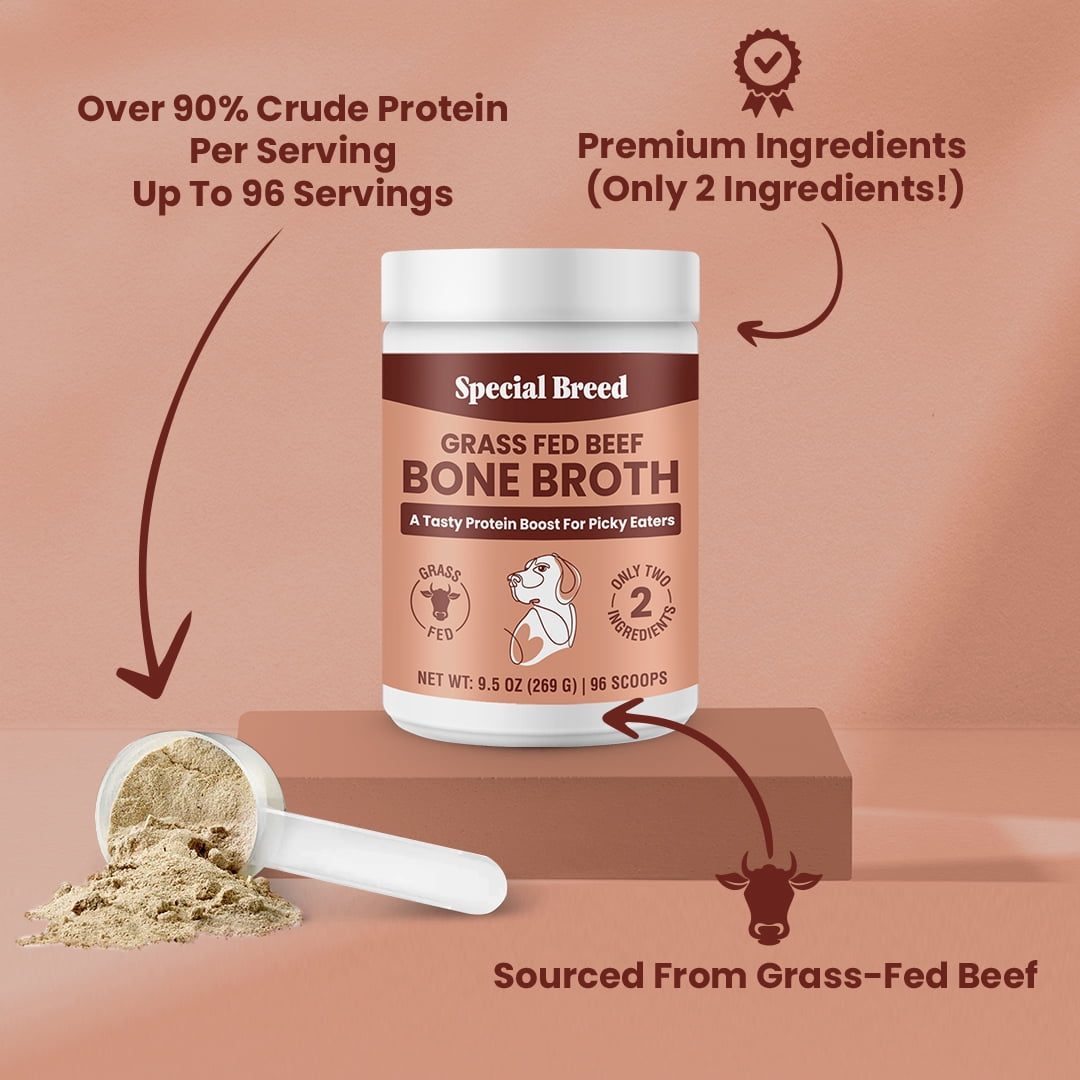 Bone Broth Powder for Dogs and Cats - Dog & Cat Food Topper for Picky Eaters - Grass Fed Beef Bone Broth Supplement - Supports Hydration, Joint, Immunity & Heart Health - Serve Dry or Wet - 9.5oz