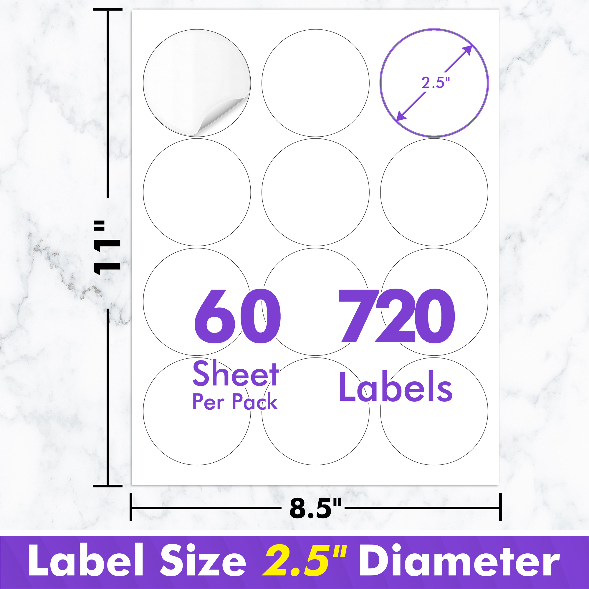 Koala Round Labels 2.5 Inch, 720 Count,Glossy Waterproof Printable Circle Stickers for Inkjet and Laser Printer, Circle Labels for Brand Logo, Bottle, Jar