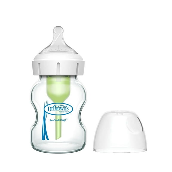 Dr. Brown's Natural Flow Anti-Colic Options+ Wide-Neck Glass Baby Bottle mL, with Level 1 Slow Flow Nipple, 0m+