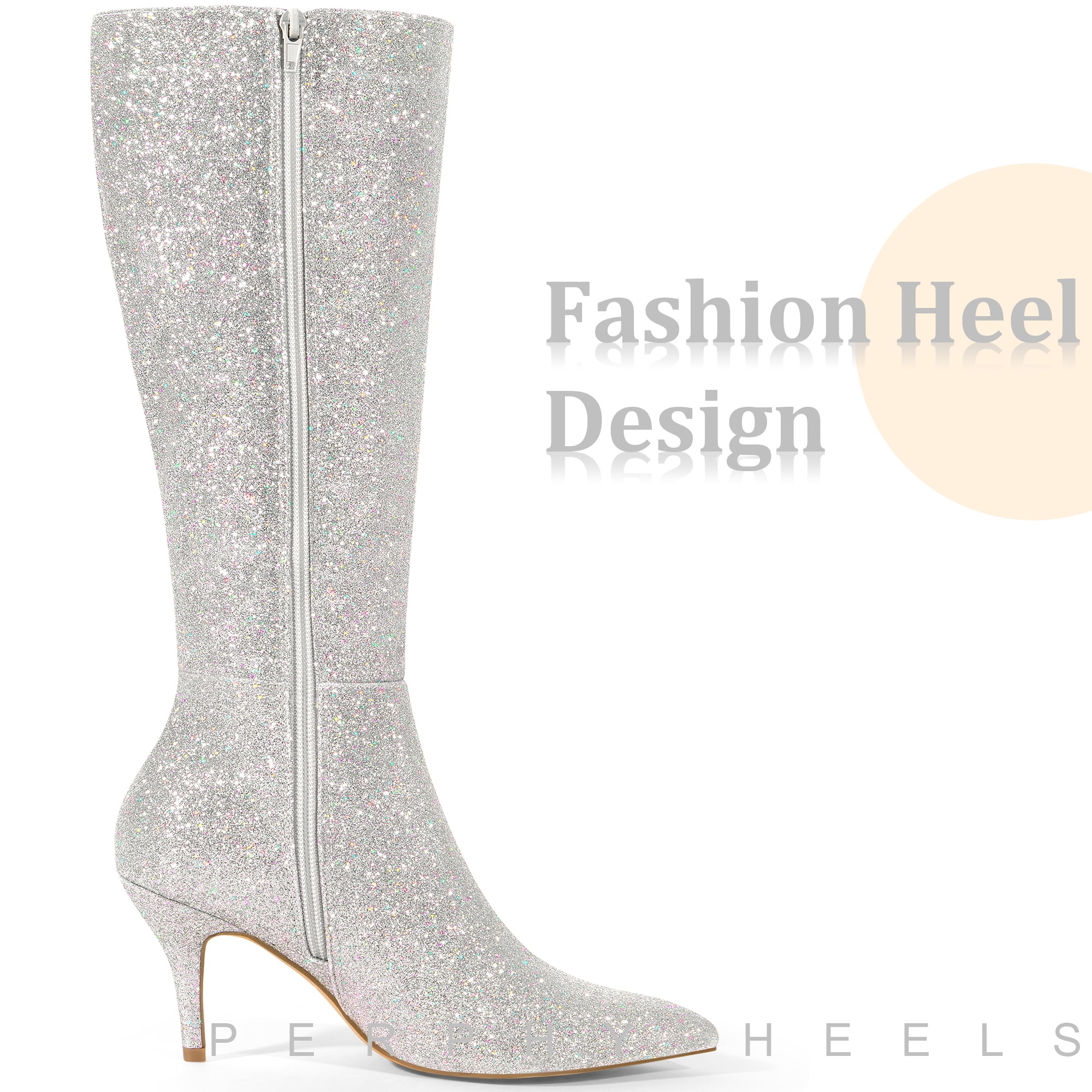 DARING DIVA Women's Pointed Toe Glitter Stiletto Heel Knee High Boots Silver 8