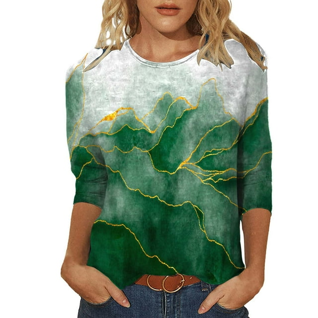 IROINNID T-shirt à Manches Longues en Polyester pour Femmes, T-shirt Imprimé de Loisirs, Blouse Mi-Longue à Col Rond, Vert