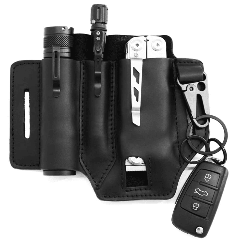 Black Multitool Belt Sheath EDC Leather Belt Organizer, Belt Holder