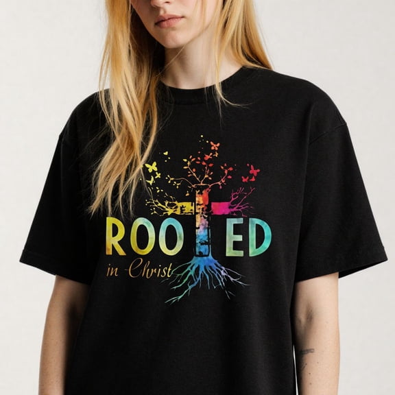 Watercolor Cross Tree Graphic for Christians Inspirational Rooted in Christ Casual Tee print T Shirt
