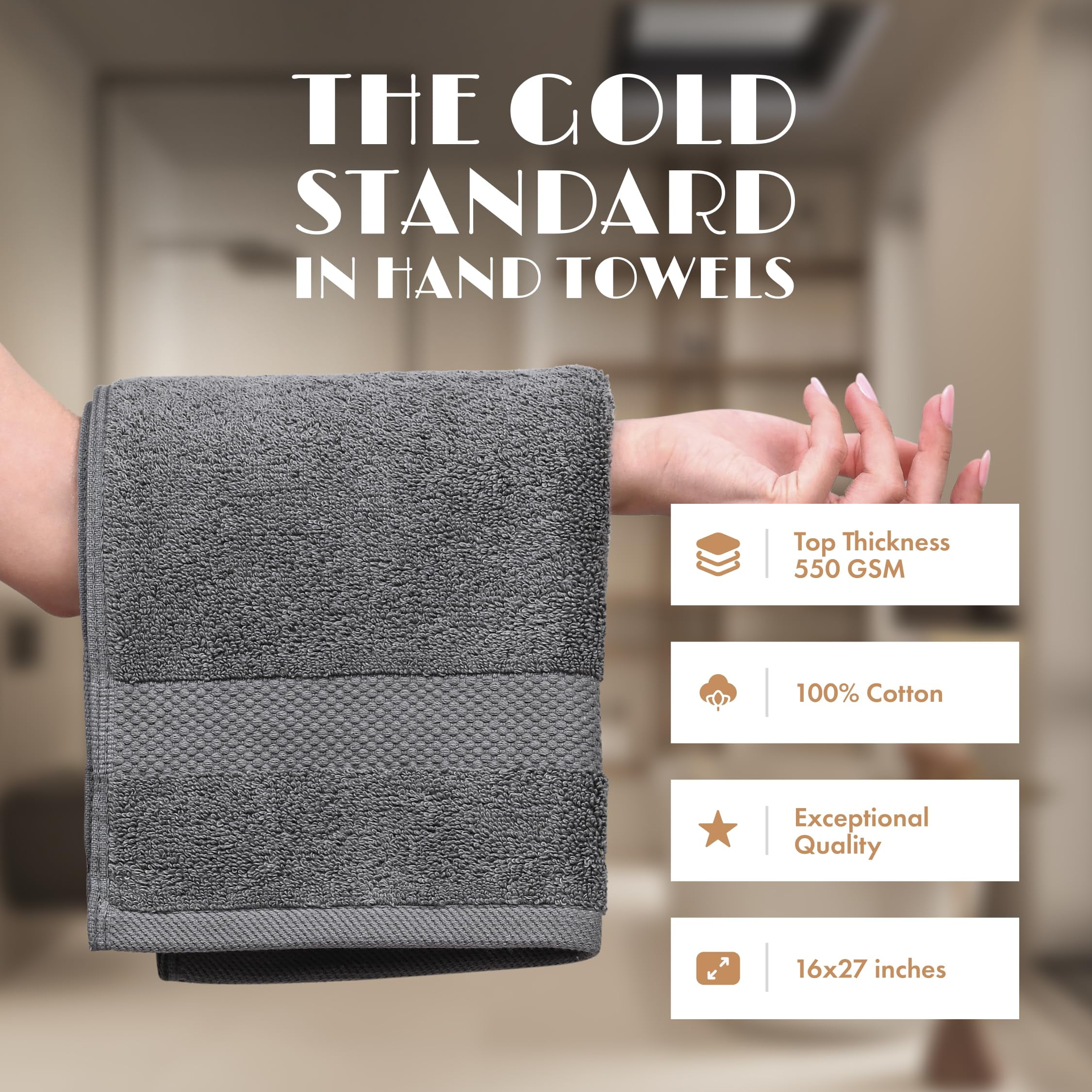 White Classic Wealuxe Collection 100% Cotton Hand Towels, Gray, 16 x 27, 12 Pack