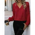 thumbnail image 4 of Womens Button Down Shirts Lace Cuff Long Sleeve Chiffon Dressy Tops Band Collar Fall Business Casual Blouses Red S, 4 of 8