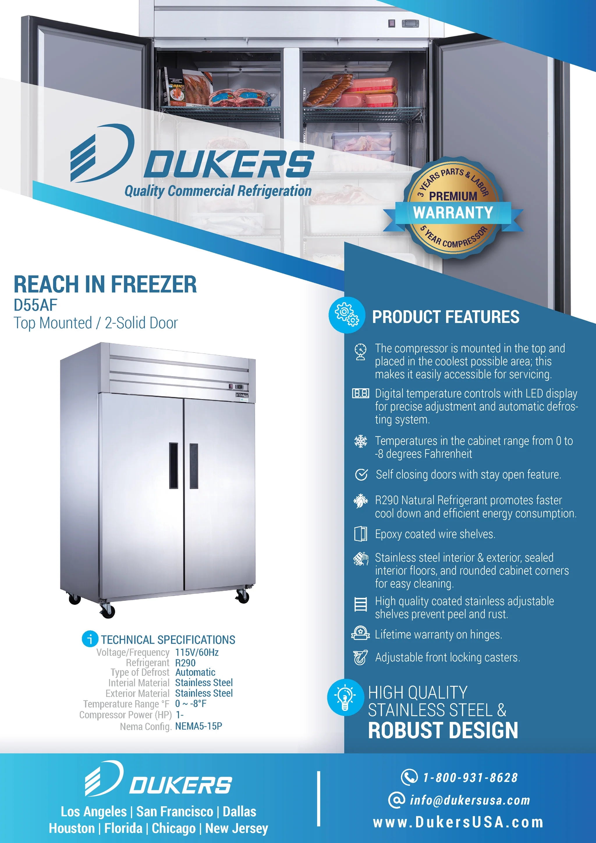 Dukers - D55AF Commercial 2-Door Top Mount Freezer in Stainless Steel