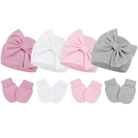 Janrevotw Baby Hat And Mittens Set Brimless Pee Wee Hat Bow Knit Baby Hat Newborn Hat Scratch Free Mittens Set