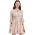 thumbnail image 1 of Unique Bargains Femmes Cloche Florale Manches 3/4 Cravate Cou Robes à Volants, 1 of 6