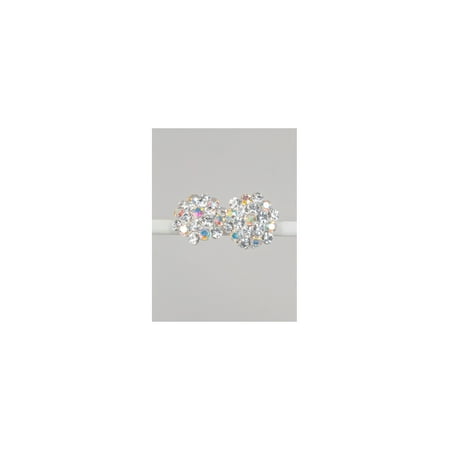 - Silver Aurora Borealis Rhinestone 15mm Circle Round Flower Shape Clip Earrings