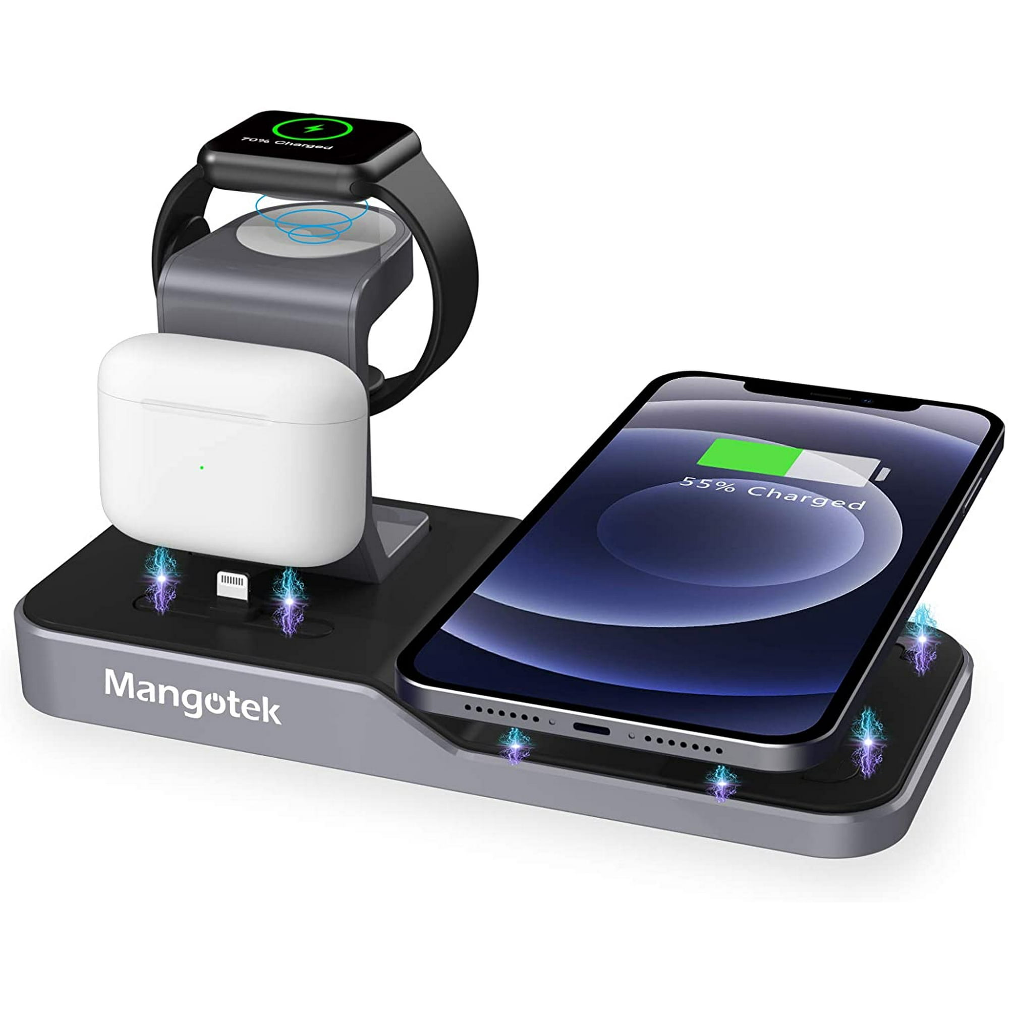 IGUOHAO Apple Watch Stand Desk Wireless Charger for iPhone and iWatch 4 in 1 Charging Station with Lightning Connector and USB Port for iPhone 12 Mini 12 Pro Max 11 and iWatch Serie SE 6 5 4 3 2 1 Wal...