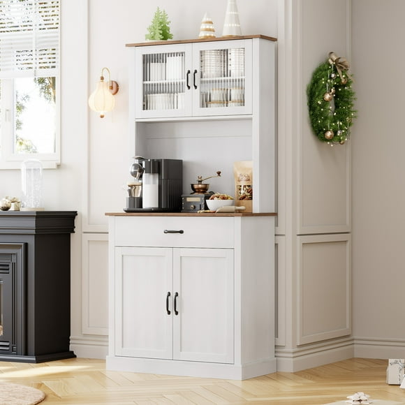 70.9" Farmhouse Kitchen Pantry Cabinet with Glass Door & Microwave Shelf, Freestanding Storage Hutch for Dining Room