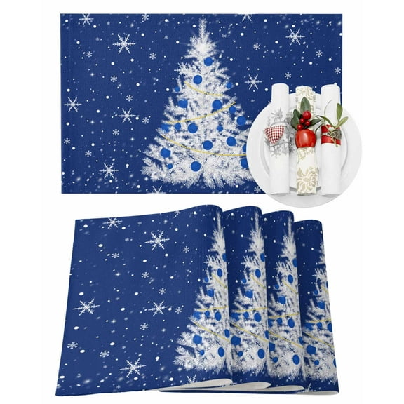 Christmas Blue Placemats Set of 1 White Xmas Tree Winter Snowflakes Heat Insulation Washable Place Mats, Rustic Non-Slip Table Mats for Dining Table Party Kitchen Decor,13x19 Inch
