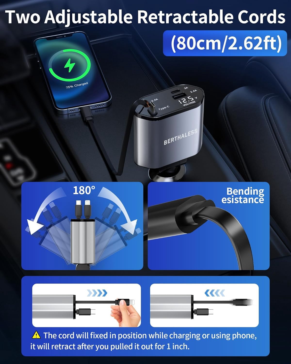 Retractable , 4 in 1 Fast Charging with USB-C & USB-A, Compatible with iPhone 17/16/15/14/13/12/11,Galaxy,Pixel, Car Accessories for Men Women Drivers