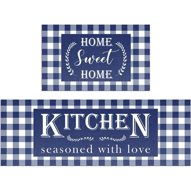 Blue Buffalo Plaid Kitchen Mat Set of 2 Non Slip Thick Kitchen Rugs and