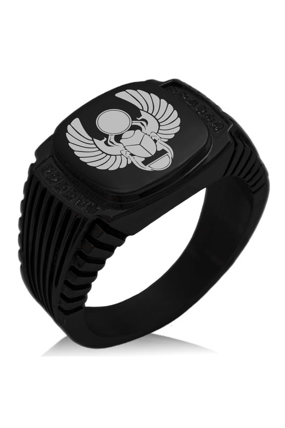 Stainless Steel Scarab Beetle Sacred Sun CZ Ribbed Needle Stripe Pattern Biker Style Polished Ring