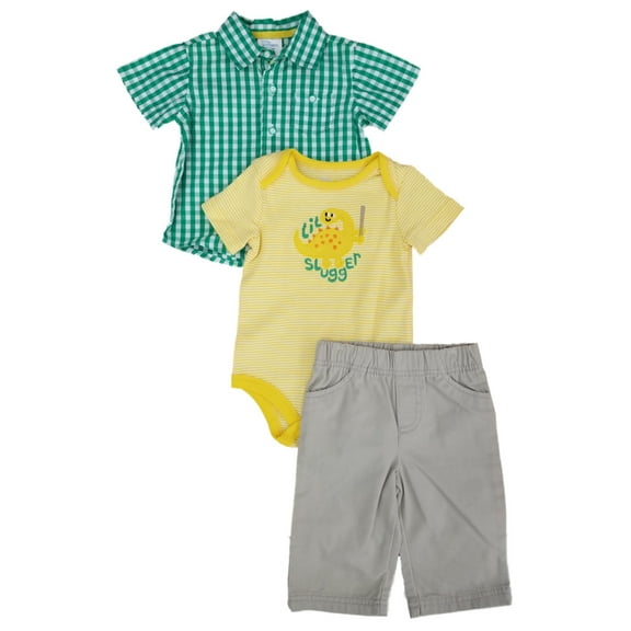 Infant Boys 3P Baby Outfit Shirt Pants & Lil Slugger Dinosaur Bodysuit 3-6m