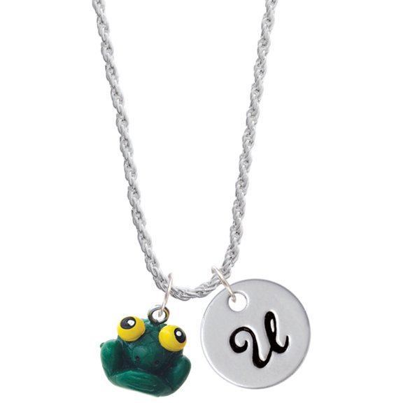 Delight Jewelry Resin Big Eyed Frog Silvertone Script Initial Disc - U - Charm Necklace, 20"+3"