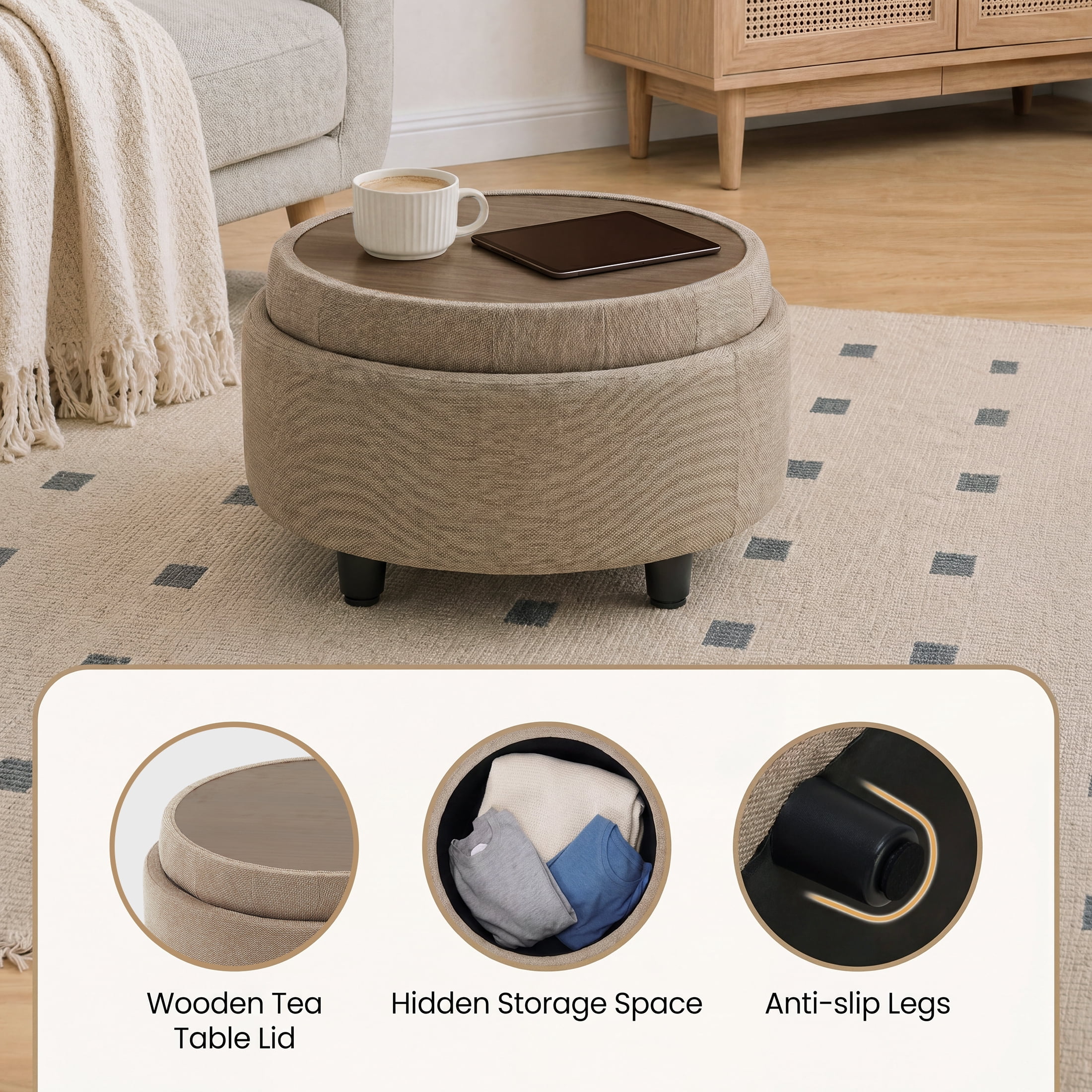 Camel Round Ottoman with Storage and Reversible Tray, Upholstered Fabric Footrest Coffee Table for Living Room, Bedroom, Entryway-25 Inch