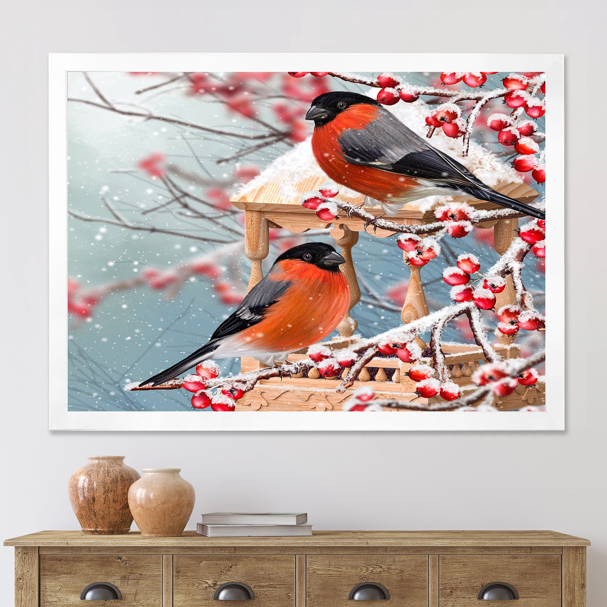 Designart 'Two Tits Sit On A Snow-Covered Berries Branch ' Traditional Framed Art Print