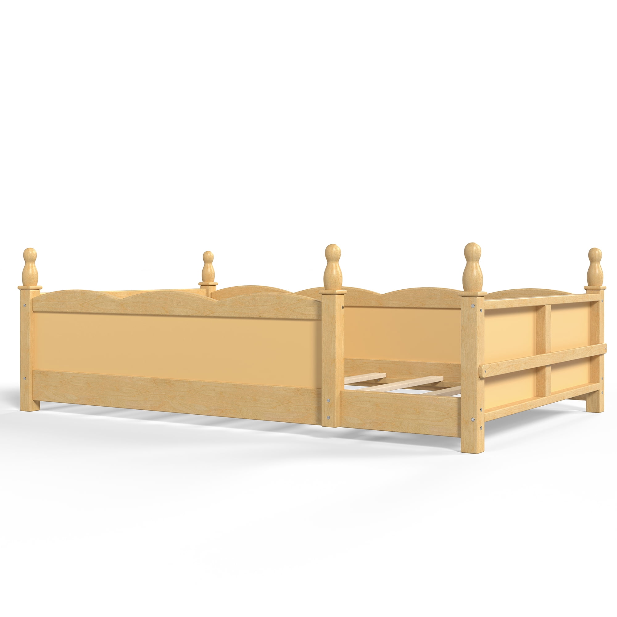 Montessori Twin Floor Bed with Full-Length Guardrails and Bookshelf, Low Profile Kids Bed with Childlike Design, Natural