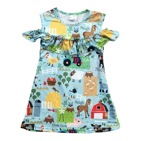 Little Girl Dress Kids Off Shoulder Farm Animals Ruffle Cotton Girl Dress Blue 2T XS (301807)