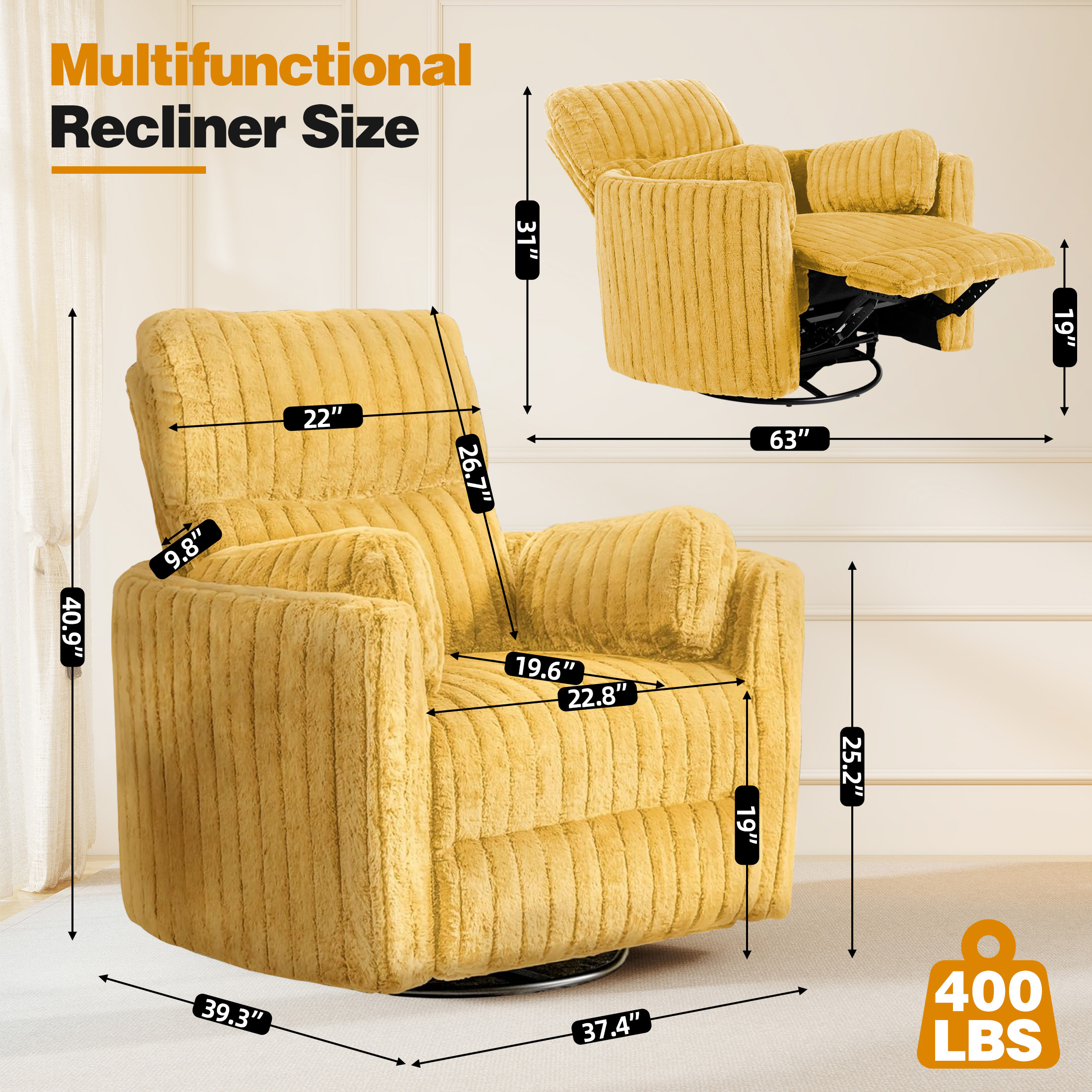 Aukfa Swivel Rocking Glider Power Recliner Chair with 24" Wide Seat & Type-C & USB Ports, Yellow