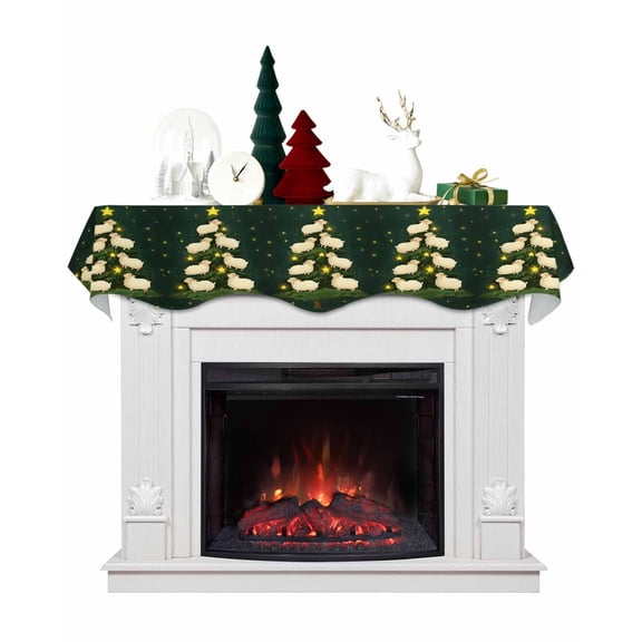 Christmas Fireplace Mantel Scarf Table Runner, Xmas Tree Sheep Green Winter Garland Mantel Top Tablerunners Dresser Scarves Cover Decorations for Windows Party Living Room 70''x17''
