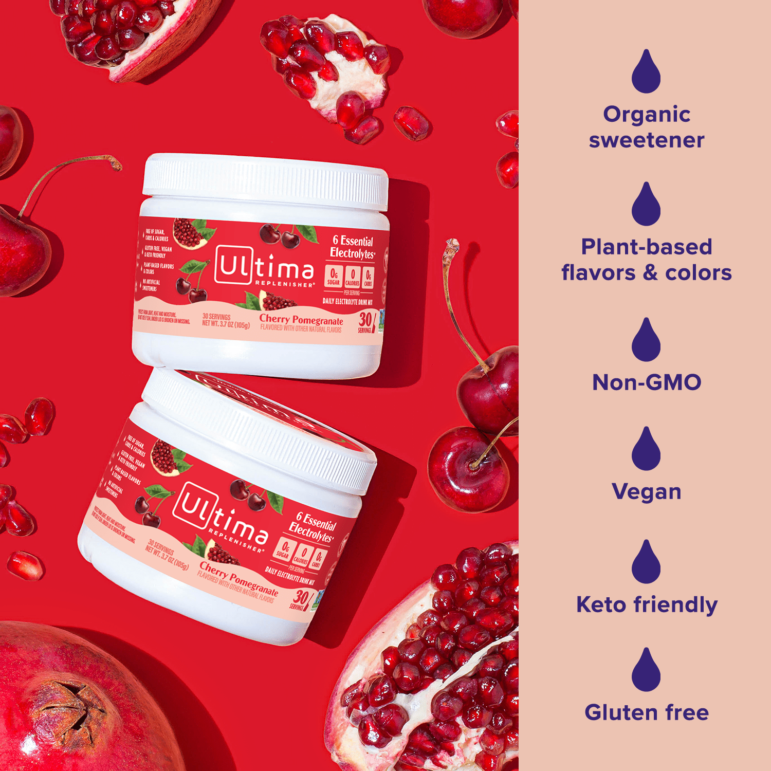 Ultima Replenisher Hydration Electrolyte Powder Drink Mix, Sugar-Free Cherry Pomegranate 30 Servings