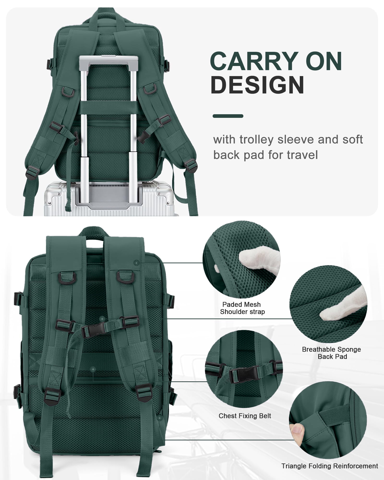 DAKIMOE Large Travel Backpack for Adults Carry on Laptop Backpack Flight Approved Waterproof College Bag with USB Charging Port & Shoe Pouch Casual Daypack for Women Men for Weekender Business, Green