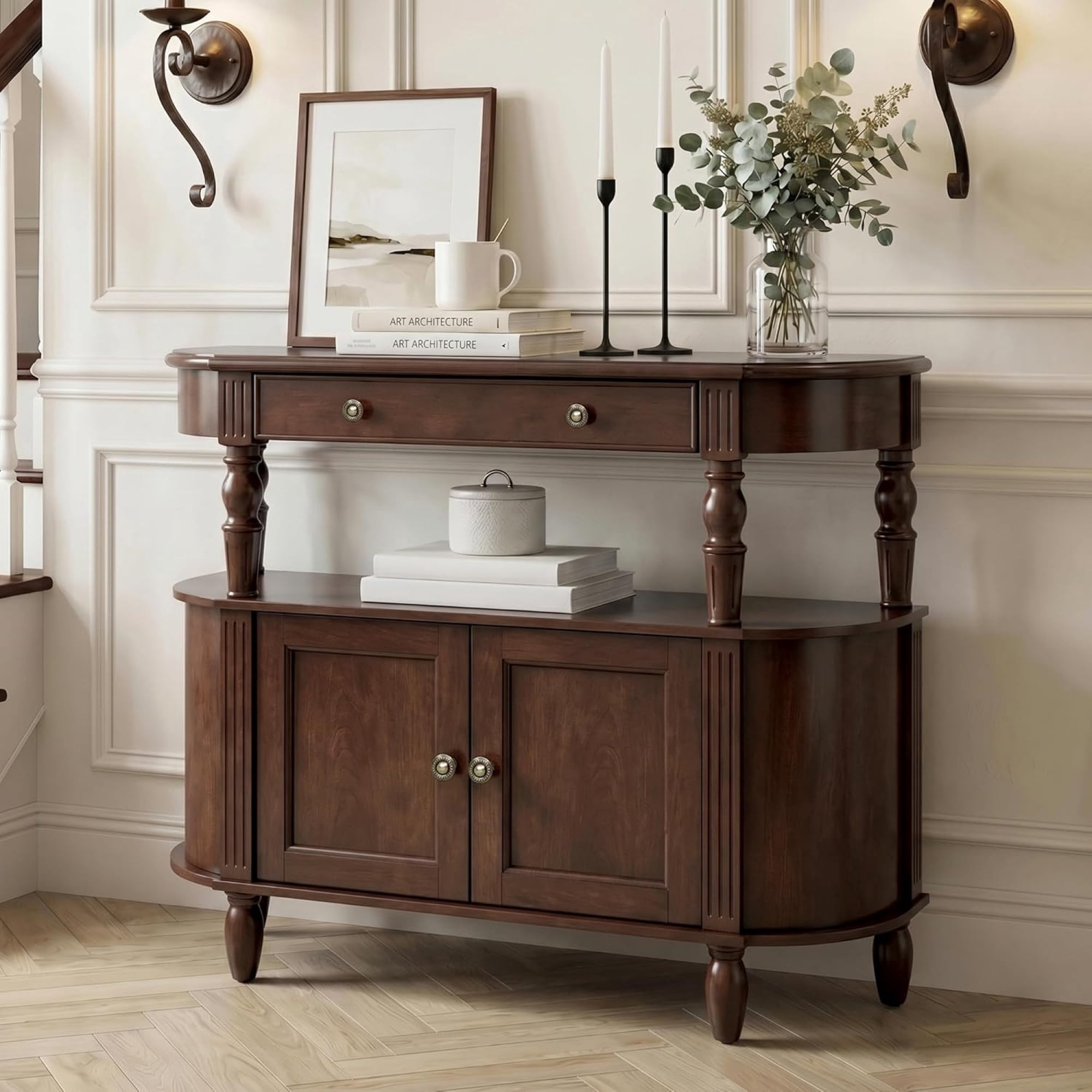 LKTART Reston Curved Console Table with 2-Door Cabinet and Drawer, Solid Wood Legs Half Moon Entryway Table with Adjustable Shelf, Walnut
