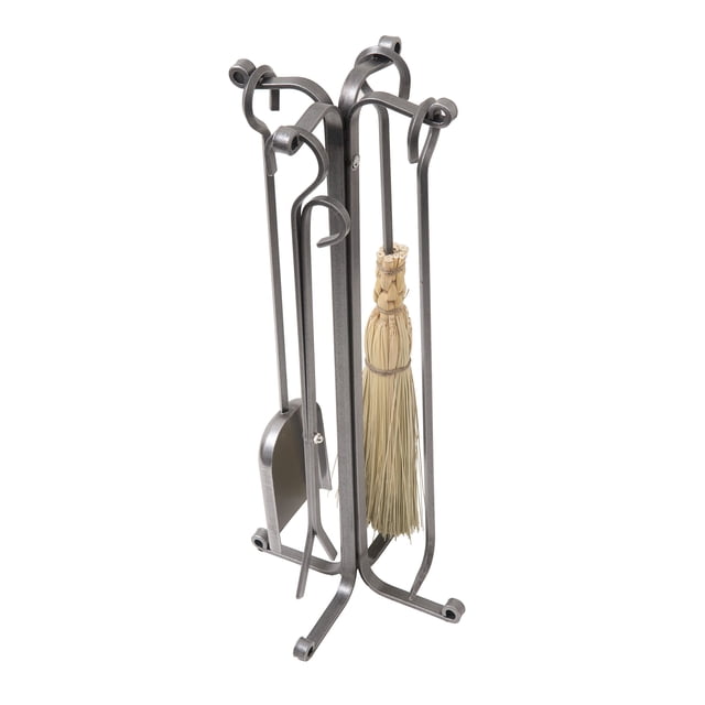 Enclume 4 Piece Rolled Eye Fireplace Tool Set with Stand, Hammered Steel
