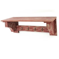 Wooden Wall Shelf with 4 Hooks and Carved Side Frames, Distressed Red - Saltoro Sherpi