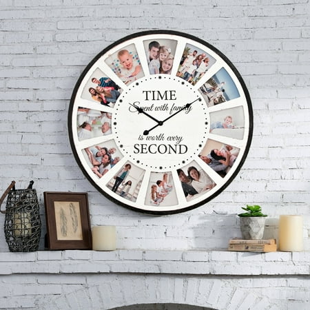MODE HOME 12 Photo Collage Family Quote Wood Wall Clock, Rustic Farmhouse Wall Clock, Large Oversized Wall Clock for Home, Kitchen, Living Room, Silent Battery Powered 24 inch White