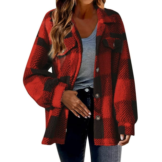 Women's Plus Size Color Block Jacket Casual Loose Fit Button Down Blouse Warm Coats Outerwear