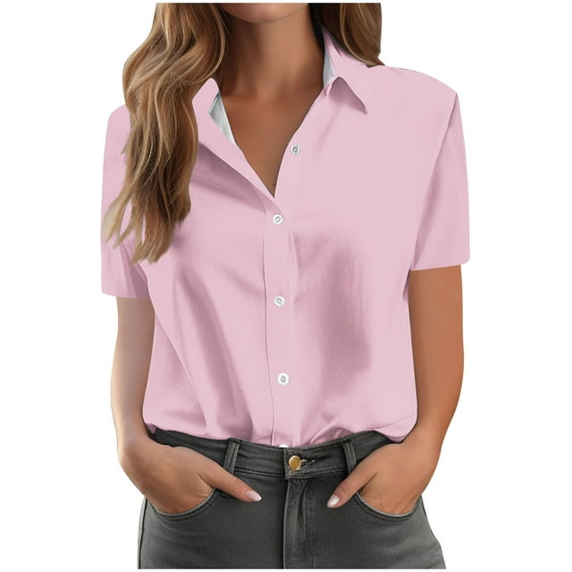 Timegard Womens Tops Short Sleeve Button up Shirts Solid Color Casual Work Lapel V Neck Blouse Tops