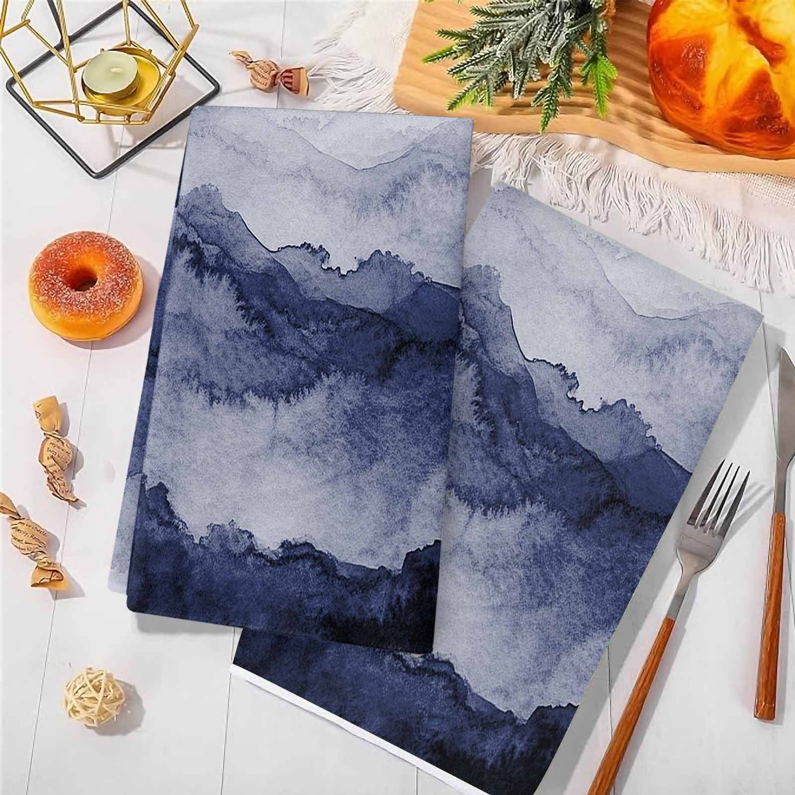 Dish Towels, Navy Blue Mountain Absorbent Kitchen Towels 2 PCS, Ombre Abstract Natural Microfiber Hand Towels Dish Cloths Tea Towels for Home&nbsp;Bathroom Cleaning Drying,18X28-Inch,