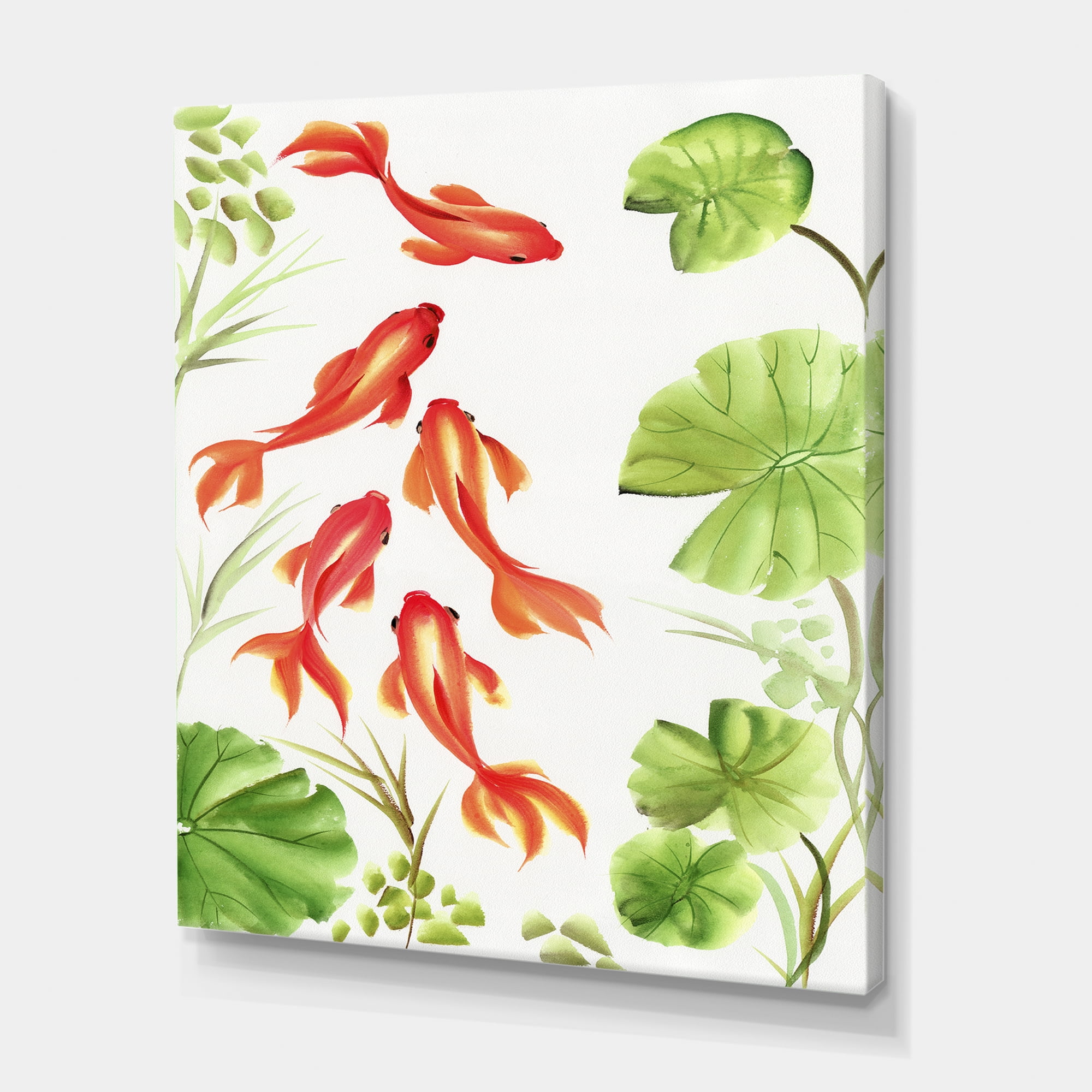 Designart ' Ancient Goldfishes Among The Lotus Leaves ' Nautical & Coastal Canvas Wall Art Print
