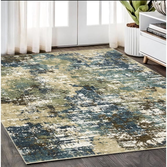5' X 8' Blue And Green Abstract Area Rug