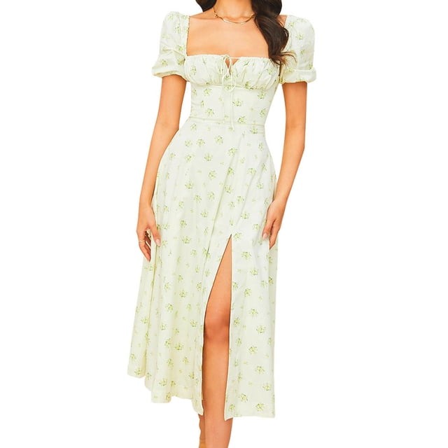 Vestido Largo Vestidos de playa para mujer Elegante Floral Cuello cuadrado Split Boho Vestido (Beige M) Ygjytge para Mujer Beige T M
