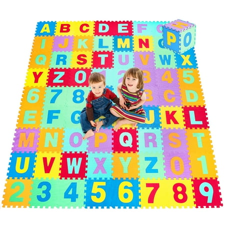 Costway Kids Foam Interlocking Puzzle Play Mat w/Alphabet & Numbers 72-Piece Set - Multi-Color