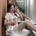 thumbnail image 4 of Pijama de seda de hielo de verano para mujer, conjunto de Top y pantalones cortos de manga corta de estilo coreano, secado rápido, ropa cómoda para el hogar, cuello en V, botones de encaje, 4 of 5