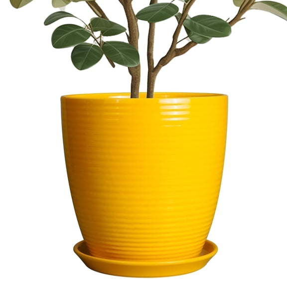 10 inch Indoor Ceramic Planter, Glossy Yellow Ribbed Flower Pot with Drip Tray for Home, Modern Plant Pot for Office Decor